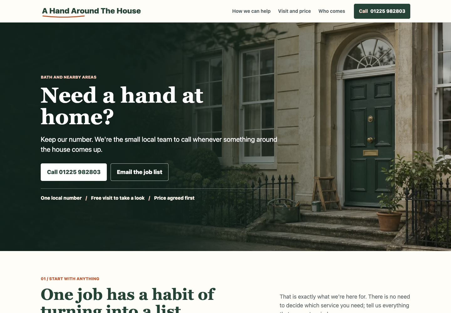 Live A Hand Around The House website showing its Bath home-help offer and call and email actions